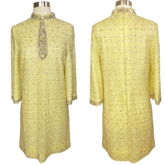 Vintage 50’s Yellow Beaded Lace Mock Neck Long Sleeve Shift Dress Size M/L - Picture 1 of 13